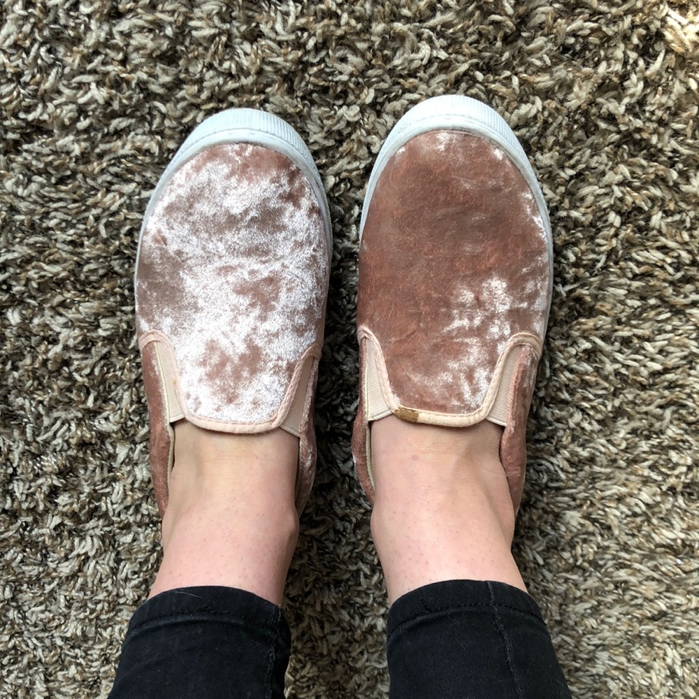 Pink velvet slip on tennies